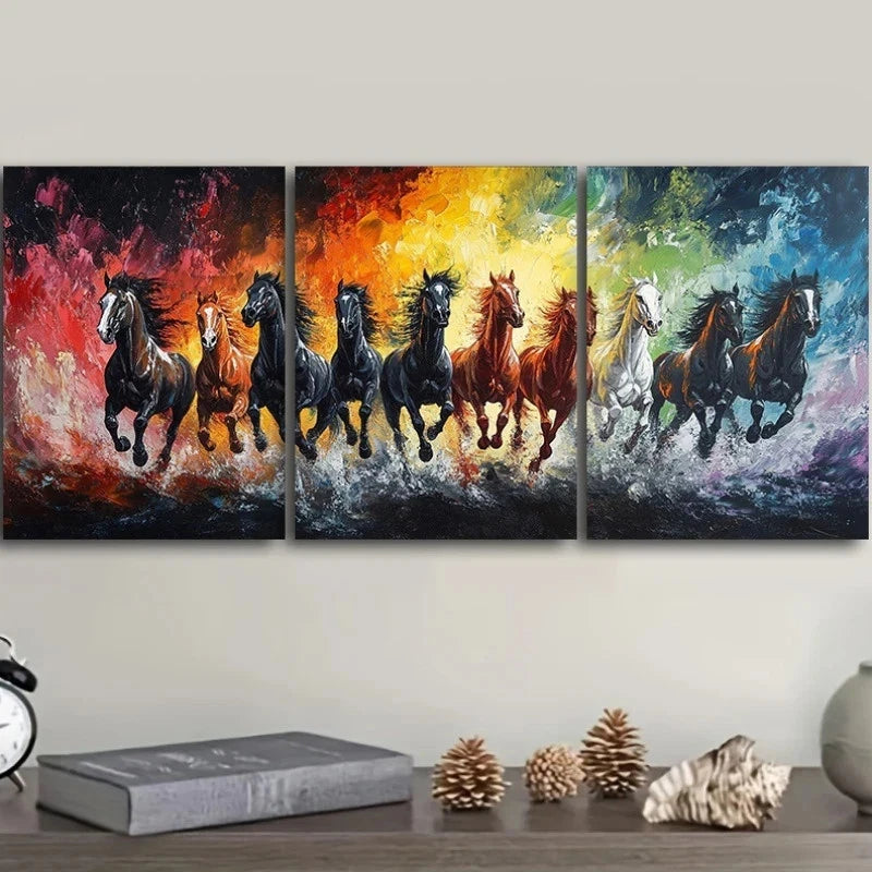 3pcs Galloping Horses Vibrant Colors Metal Print Ready to Hang Art - Bella Home Decor