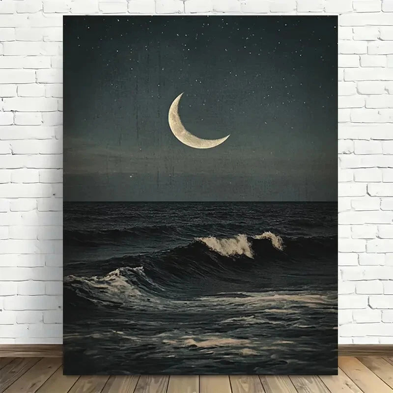 Beautiful Moonlit Ocean Waves Modern Painting 40x60cm Metal Print Ready to Hang - Bella Home Decor