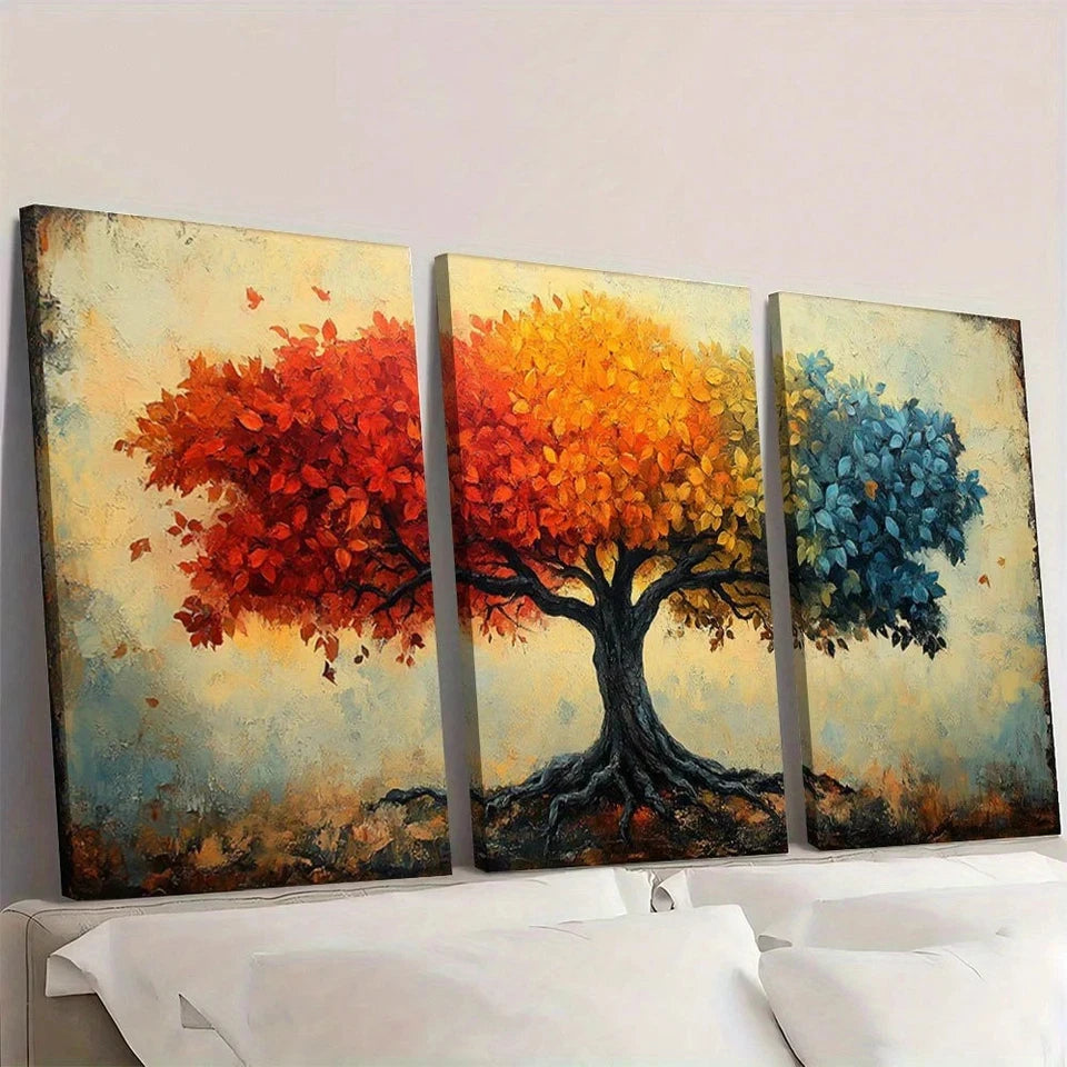 3pcs Rustic Tree Vibrant Autumn Foliage Wall Art Set Canvas Framed 50x70cm - High Quality Print 100% Australian Made Wall Canvas Ready to Hang