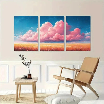 3pcs Vibrant Pink Clouds Landscape Perfect Wall Art Set Canvas Framed 50x70cm - High Quality Print 100% Australian Made Wall Canvas Ready to Hang
