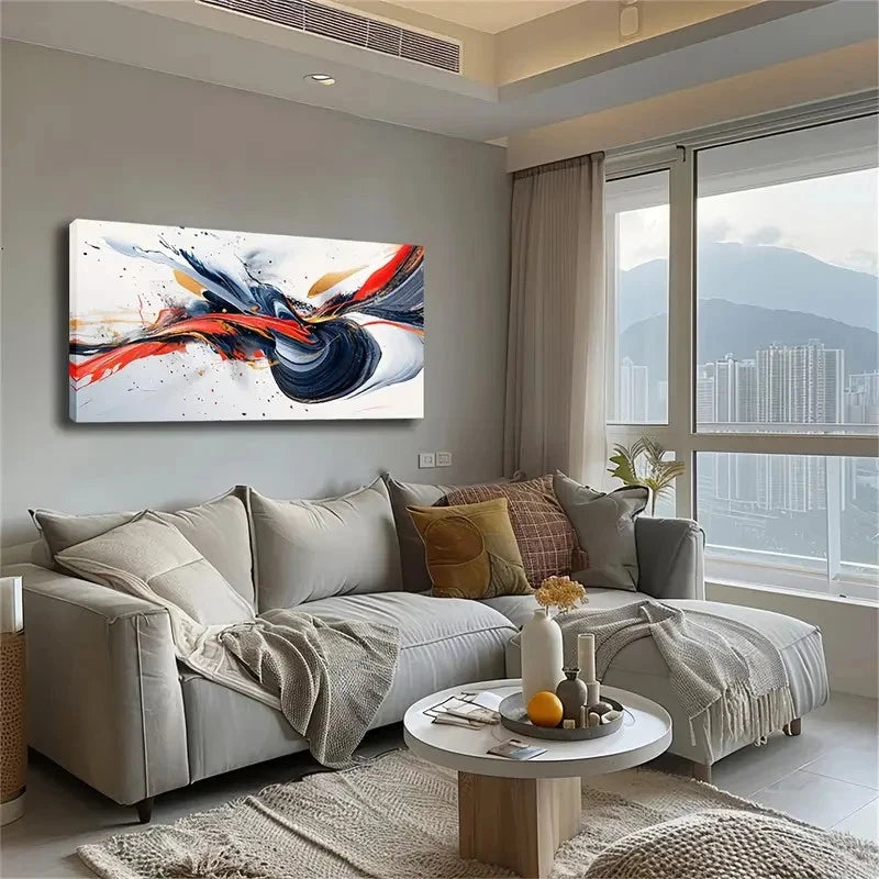 Vibrant Blue Red & Black Fluid Wall Art Canvas Office Home Room Framed 120x60cm