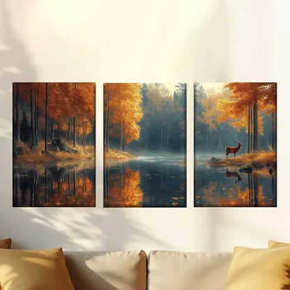 3pcs Autumn Forest Lake Deer Wall Art Set Canvas Unframed – High Quality Print 100% Australian Made Wall Canvas - Bella Home Decor