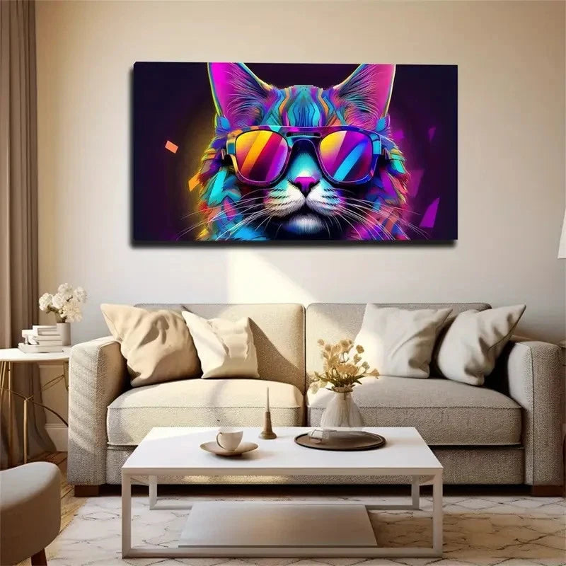 Colorful Abstract Cat Wal Wall Art Canvas Office Home Room Framed 120x60cm