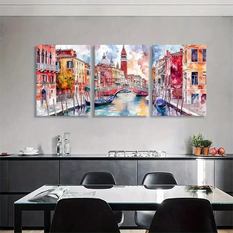 3pcs Venice Canal Triptych Vibrant Perfect Wall Art Set Canvas Framed 40x60cm - High Quality Print 100% Australian Made Wall Canvas Ready to Hang