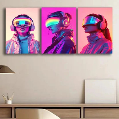 3pcs Cyberpunk Woman With VR Glasses Wall Art Set Canvas Framed 50x70cm - High Quality Print 100% Australian Made Wall Canvas Ready to Hang - Bella Home Decor