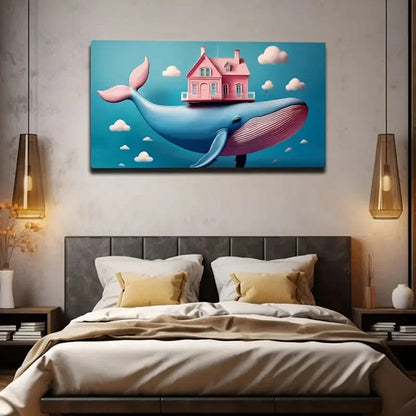 Whimsical Whale & Wall Art Canvas Office Home Room Framed 120x60cm