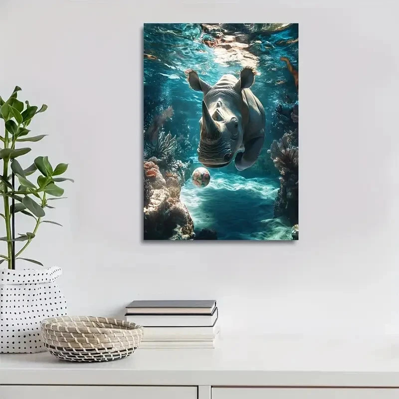 Underwater Rhino Playing with Ball Painting 40x60cm Metal Print Ready to Hang - Bella Home Decor
