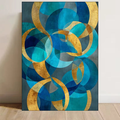Abstract Navy Blue, Golden Circles 60x90cm Metal Print Ready to Hang