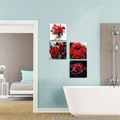 4pcs Black And Red Rose Colorful Floral Wall Art Canvas Framed