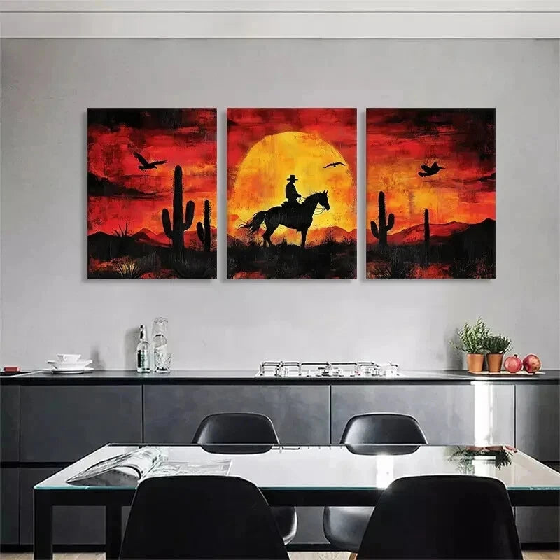 3pcs Western Cowboy Sunset Horse Rider Perfect Wall Art Set Canvas Framed 60x90cm - High Quality Print 100% Australian Made Wall Canvas Ready to Hang