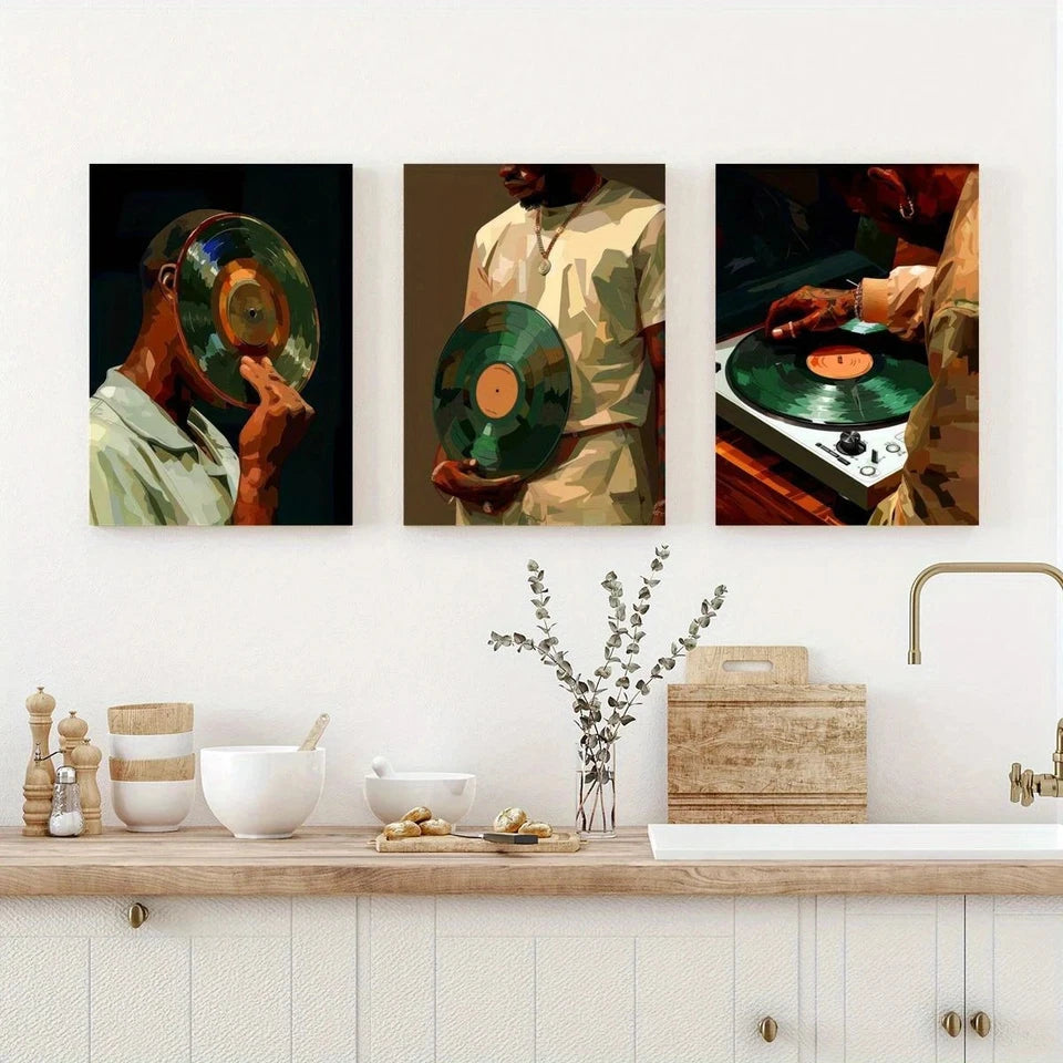 3pcs Black Man DJ Vinyl Record Metal Print Ready to Hang Art - Bella Home Decor