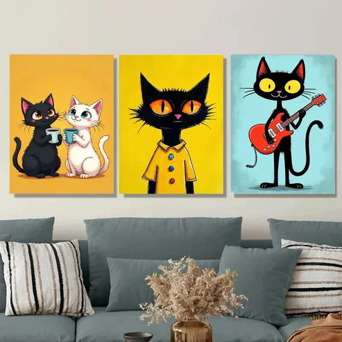 3pcs Colorful Cat Animal Lovers Black Yellow Wall Art Set Canvas Unframed - High Quality Print 100% Australian Made Wall Canvas - Bella Home Decor