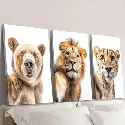 3pcs Bear Lion & Leopard Taking Selfie  Wall Art Set Canvas Unframed - High Quality Print 100% Australian Made Wall Canvas - Bella Home Decor