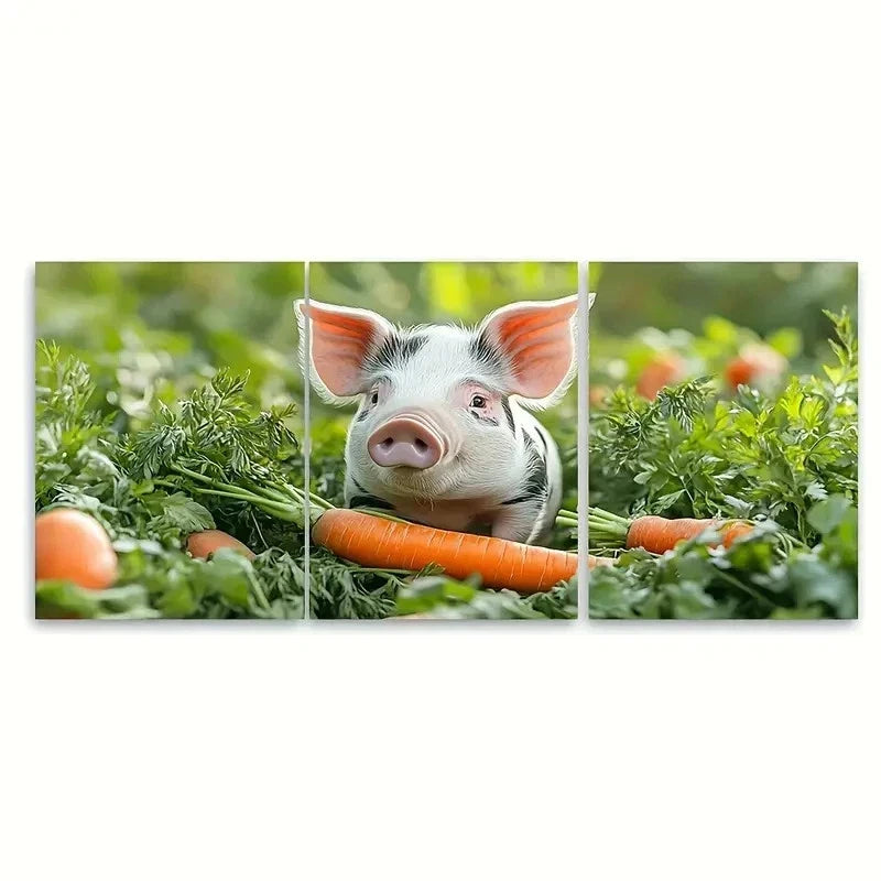 3pcs Whimsical Spotted Pig Sniffing Carrot E   Wall Art Set Canvas Framed 60x90cm - High Quality Print 100% Australian Made Wall Canvas Ready to Hang