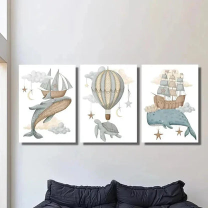 3pcs Whale Turtle Hot Air Balloon & Ship Wall Art Canvas Unframed – High Quality Print 100% Australian Made Wall Canvas