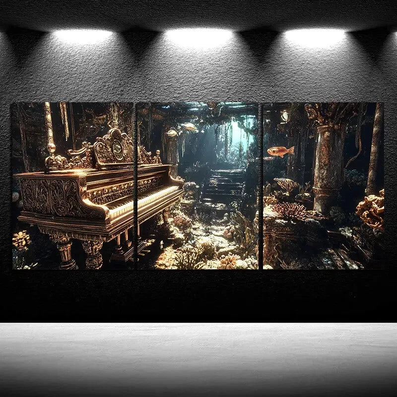 3pcs Piano Under the Sea Fishes Metal Print Ready to Hang Art - Bella Home Decor