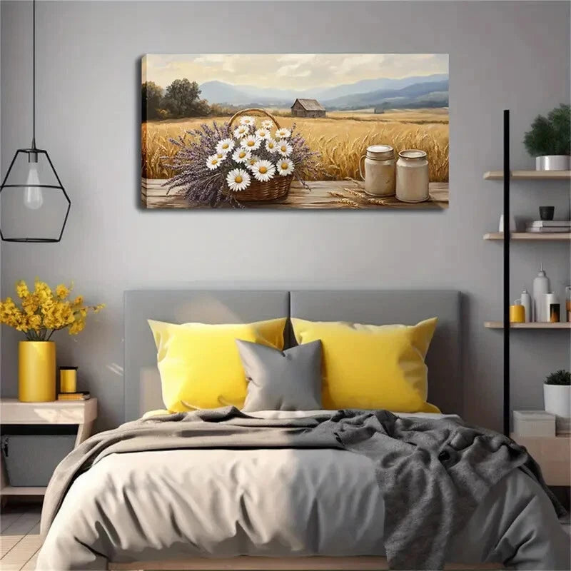 Daisies And Lavender Modern Wall Art Canvas Office Home Room Framed 120x60cm - Bella Home Decor