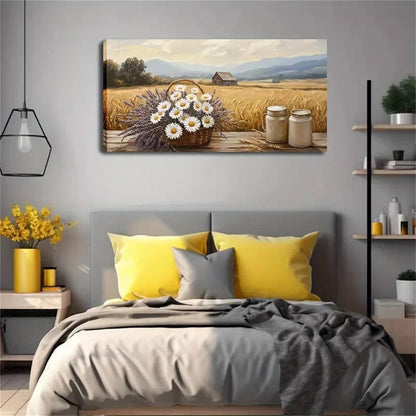 Daisies And Lavender Modern Wall Art Canvas Office Home Room Framed 120x60cm - Bella Home Decor