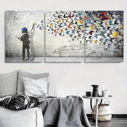 3pcs Child Painting Butterflies Wall Art Canvas Unframed - High Quality Print 100% Australian Made Wall Canvas - Bella Home Decor