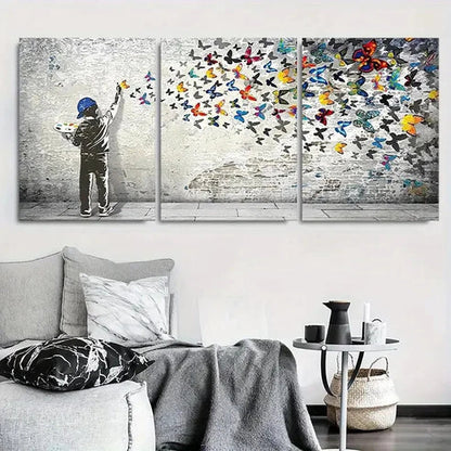3pcs Child Painting Butterflies Wall Art Canvas Unframed - High Quality Print 100% Australian Made Wall Canvas - Bella Home Decor