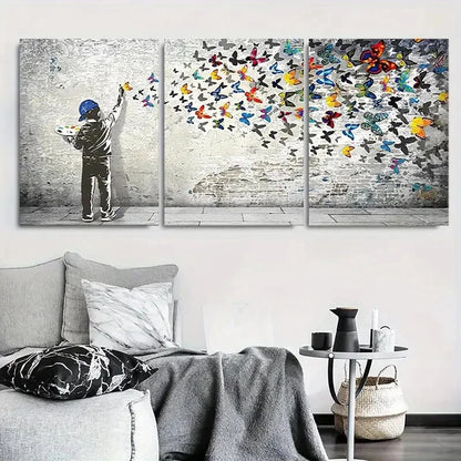 3pcs Child Painting Butterflies Wall Art Set Canvas Framed 40x60cm - High Quality Print 100% Australian Made Wall Canvas Ready to Hang - Bella Home Decor
