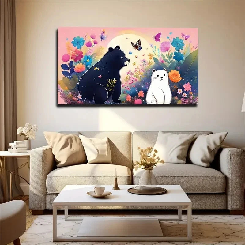 Whimsical Bear Cat Vibrato Wall Art Canvas Office Home Room Framed 120x60cm