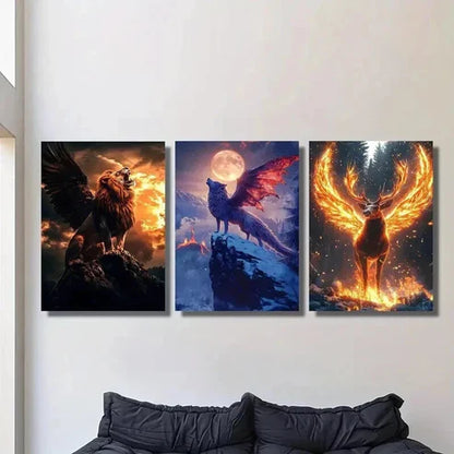 3pcs Griffons Flying Wolves and Fiery Deer Wall Art Set Canvas Unframed - High Quality Print 100% Australian Made Wall Canvas