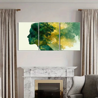 3pcs Profile Silhouette, Green Leaves  Wall Art Set Canvas Framed 60x90cm - High Quality Print 100% Australian Made Wall Canvas Ready to Hang