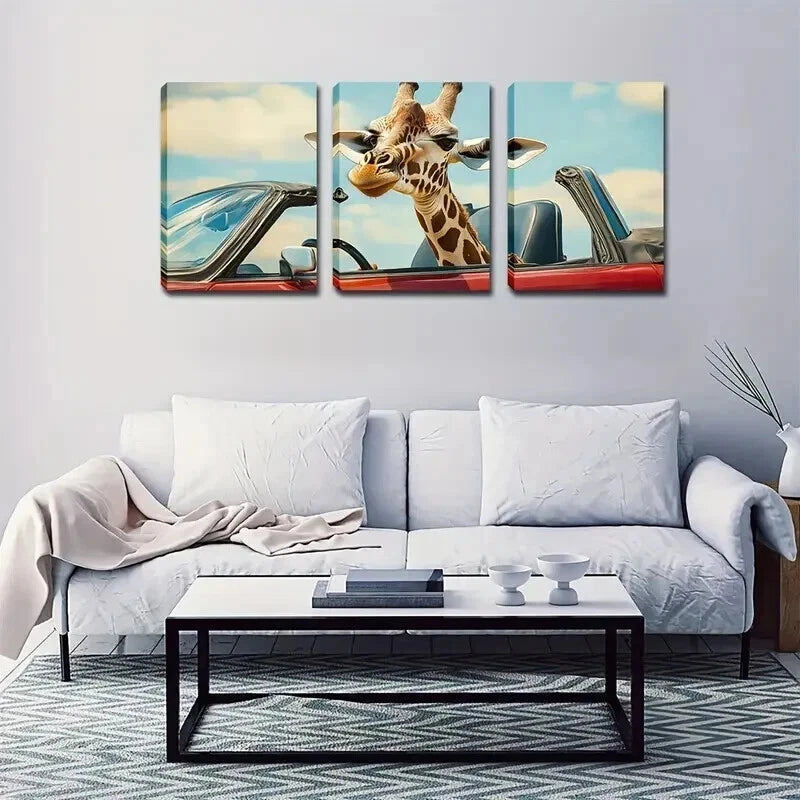 3pcs Whimsical Giraffe Red Convertible Perfect Wall Art Set Canvas Framed 60x90cm - High Quality Print 100% Australian Made Wall Canvas Ready to Hang - Bella Home Decor