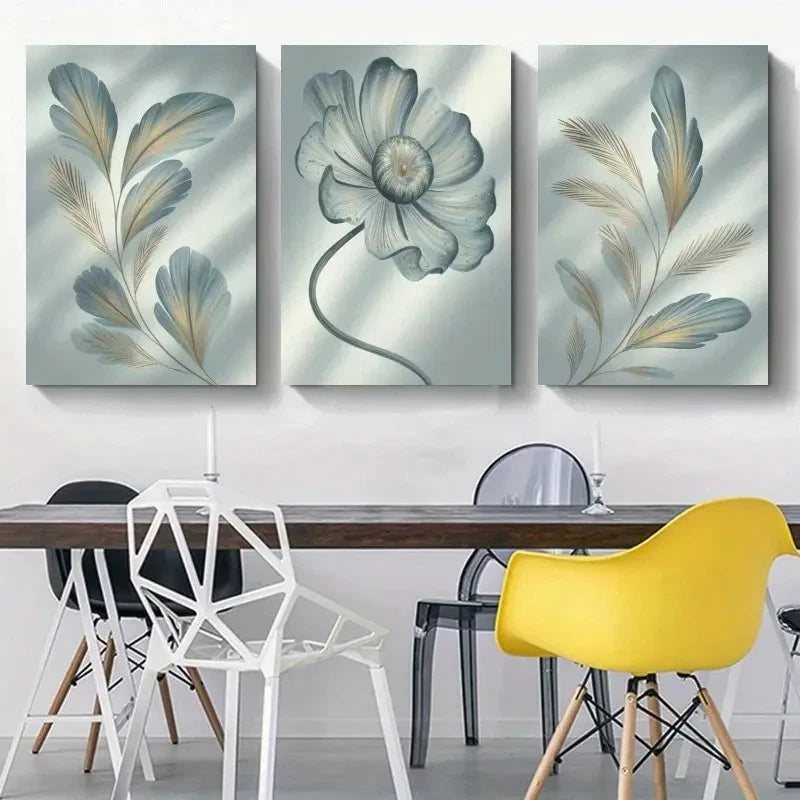 3pcs Artwork Feather Flower Painting Metal Print Ready to Hang Art - Bella Home Decor