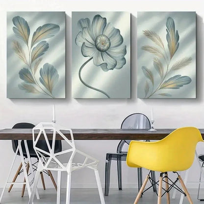 3pcs Artwork Feather Flower Painting Metal Print Ready to Hang Art - Bella Home Decor