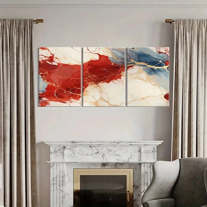 3pcs Red Blue White Golden Veins Marble Texture Metal Print Ready to Hang Art - Bella Home Decor