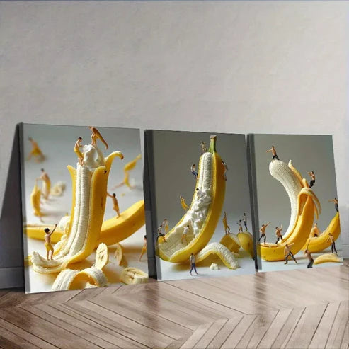 3 PCS The Little Man Climbed On The Banana Wall Art Set Canvas Unframed - High Quality Print 100% Australian Made Wall Canvas