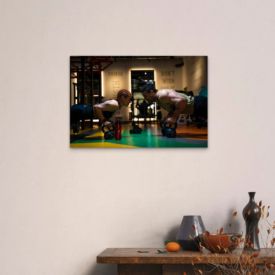 Man & Woman Kettlebell Pushups 5mm thick Plastic Poster Ready to Hang 90x60cm