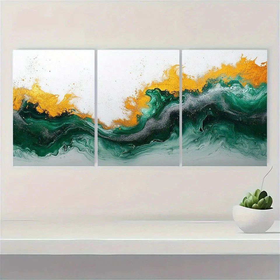 3pcs Emerald Green and Silvery Golden Metal Print Ready to Hang Art