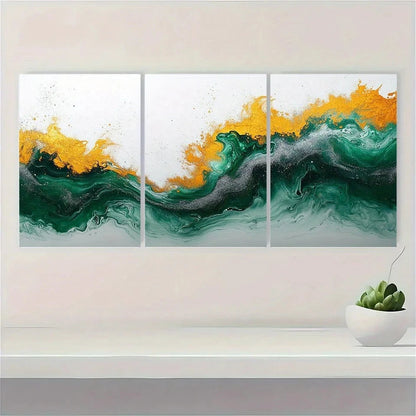 3pcs Emerald Green and Silvery Golden Metal Print Ready to Hang Art