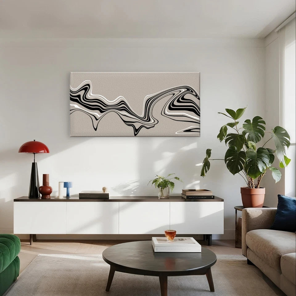 Modern Abstract Black and White Wave Wall Art Canvas Office Home Framed 120x60cm