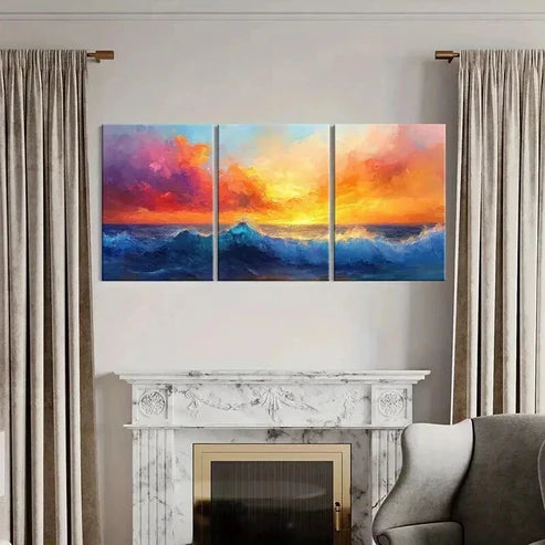 3pcs Sunset Ocean Waves Vibrant Sky Wall Art Canvas Unframed - High Quality Print 100% Australian Made Wall Canvas