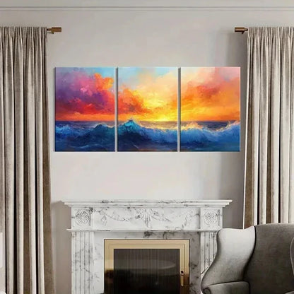 3pcs Sunset Ocean Waves Vibrant Sky Wall Art Canvas Unframed - High Quality Print 100% Australian Made Wall Canvas