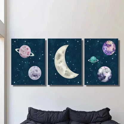 3pcs Galaxy Space Planet Moon & Stars Wall Art Canvas Unframed - High Quality Print 100% Australian Made Wall Canvas - Bella Home Decor