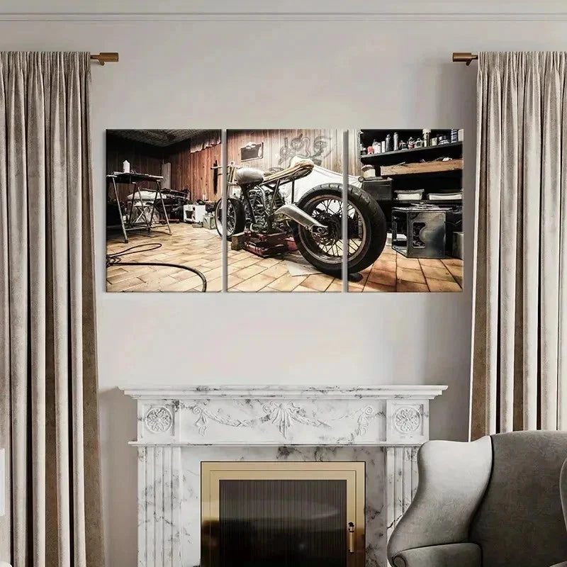 3pcs Motorcycle Workshop with Tools and Parts Wall Art Set Canvas Framed 40x60cm - High Quality Print 100% Australian Made Wall Canvas Ready to Hang