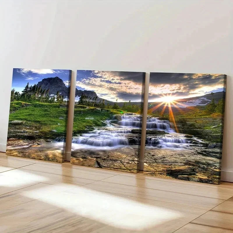3pcs Mountains Streams Rising Sun Modern Wall Art Set Canvas Framed 60x90cm - High Quality Print 100% Australian Made Wall Canvas Ready to Hang