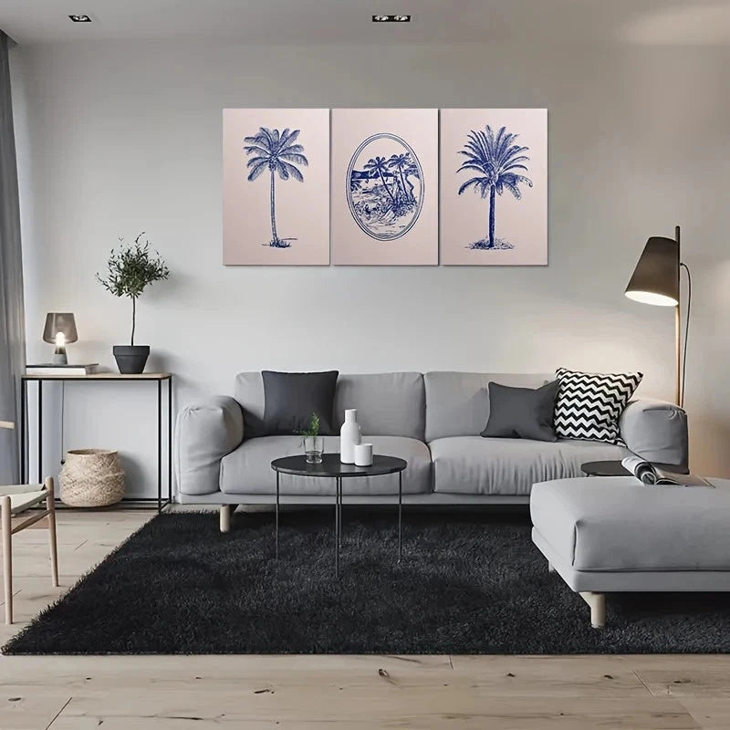 3pcs Blue Palm Tree Tropical Coastal Metal Print Ready to Hang Art - Bella Home Decor