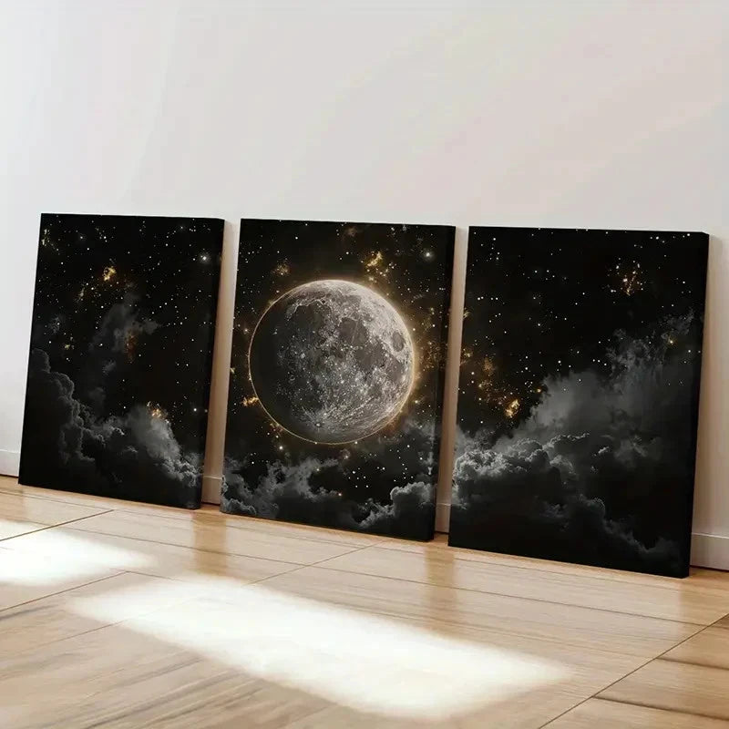 3pcs Moonlit Sky, Cosmic Clouds, Celestial Art   Wall Art Set Canvas Framed 60x90cm - High Quality Print 100% Australian Made Wall Canvas Ready to Hang - Bella Home Decor