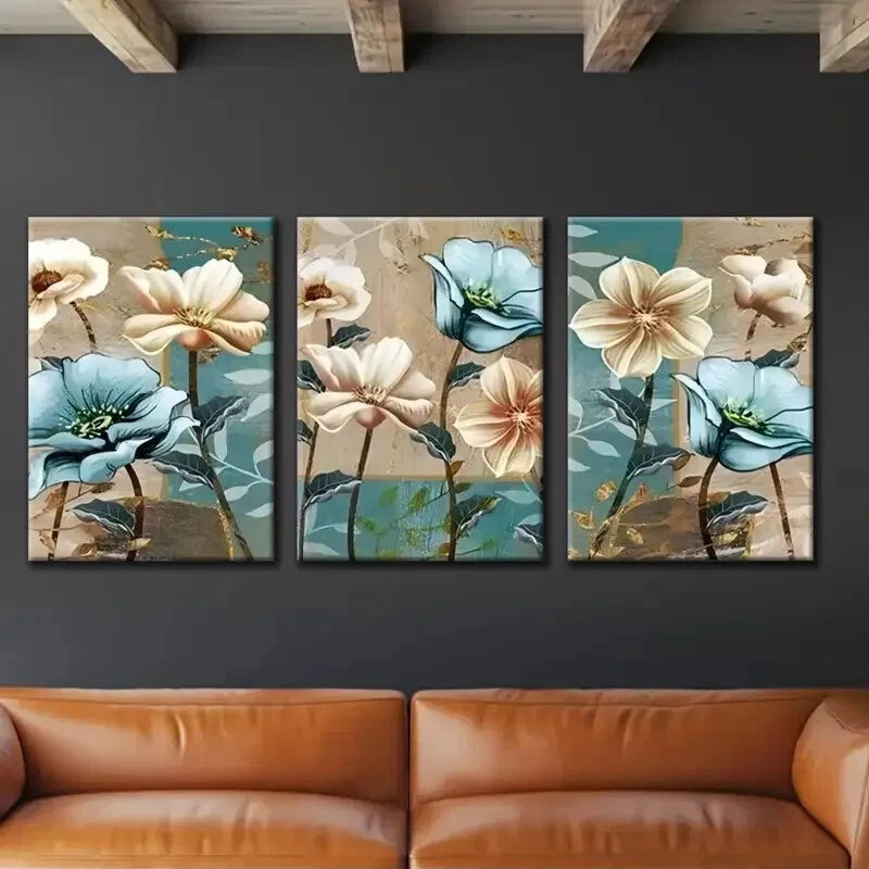 3pcs Brown and Blue Stamen Blue and White Floral Metal Print Ready to Hang Art - Bella Home Decor