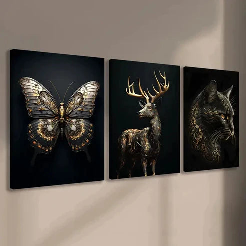 3pcs Animal Butterfly Cat Gold Black Modern Deer Wall Art Set Canvas Unframed - High Quality Print 100% Australian Made Wall Canvas - Bella Home Decor