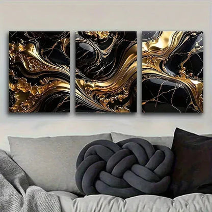 3pcs Golden and Black Marble Texture Wall Art Set Canvas Unframed - High Quality Print 100% Australian Made Wall Canvas - Bella Home Decor