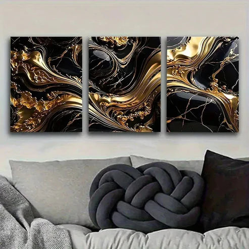 3pcs Golden and Black Marble Texture Wall Art Set Canvas Unframed - High Quality Print 100% Australian Made Wall Canvas - Bella Home Decor