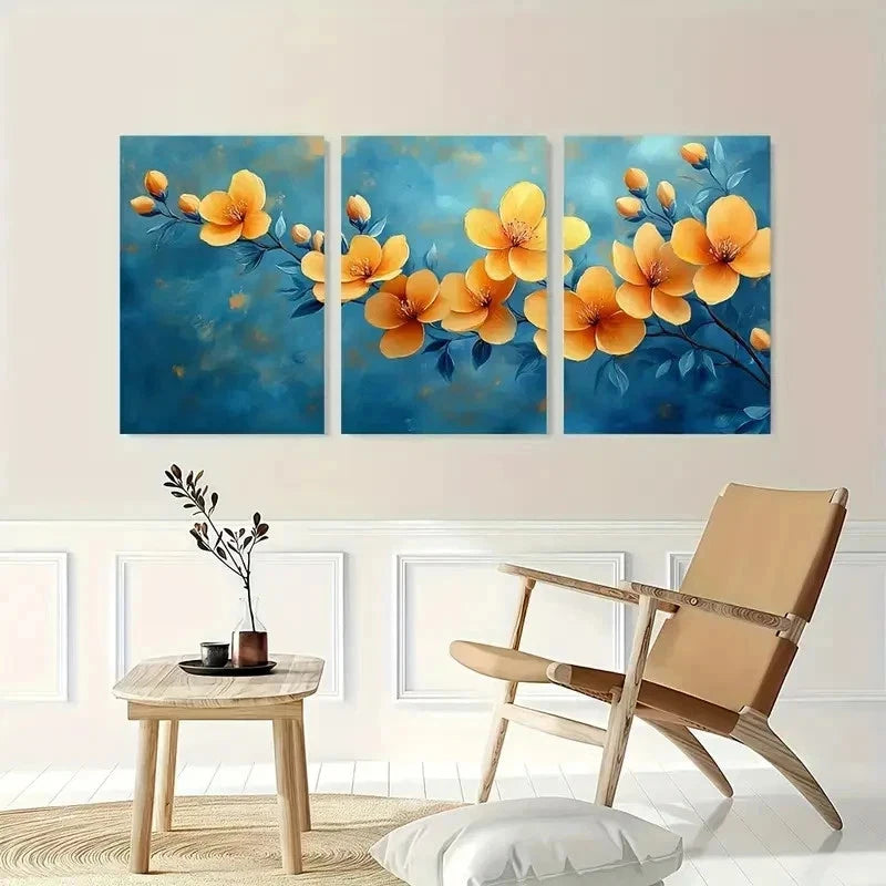 3pcs Colorful Flower Blue Yellow Perfect Wall Art Set Canvas Framed 40x60cm - High Quality Print 100% Australian Made Wall Canvas Ready to Hang - Bella Home Decor