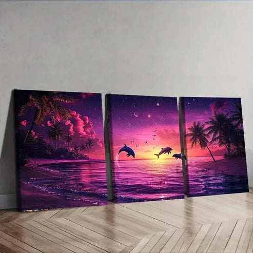 3pcs Dolphin Silhouette Under Purple Sky Perfect Wall Art Set Canvas Unframed - High Quality Print 100% Australian Made Wall Canvas - Bella Home Decor